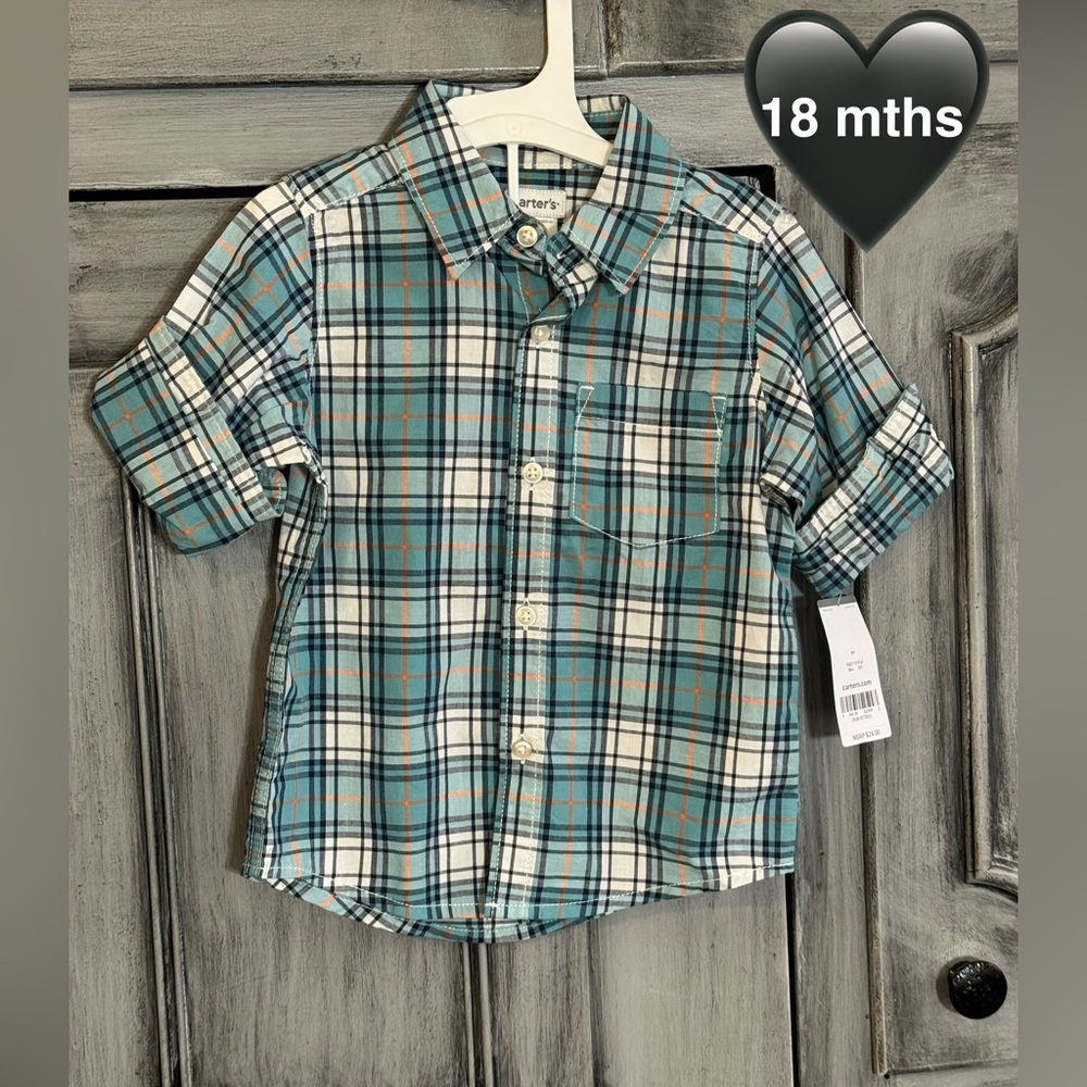 Carter's Teal and White Plaid Button Down Shirt
